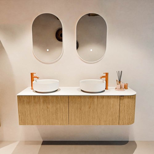 VELOR 155cm meubles de salle de bains courbe droite couleur Oak avec 2 tiroirs et 1 porte. Vasque à poser COSS Double / Gauche 2 trous robinetterie couleur Talc.-3