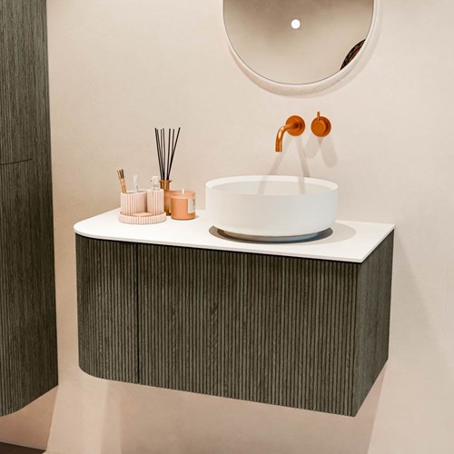 VELOR 85cm mueble de baño curva izquierda color Shadow con 1 cajón y 1 puerta. Lavabos sobre encimera COSS Derecho sin orificio color Talc.-2