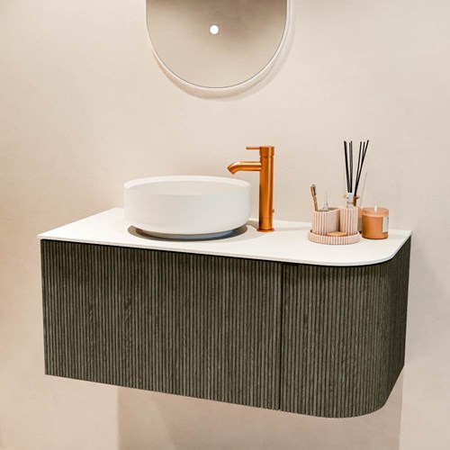 VELOR 95cm meubles de salle de bains courbe droite couleur Shadow avec 1 tiroir et 1 porte. Vasque à poser COSS Gauche 1 trou pour robinetter couleur Talc.-2