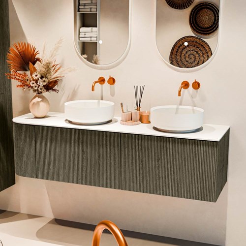 VELOR 155cm meubles de salle de bains courbe gauche couleur Shadow avec 2 tiroirs et 1 porte. Vasque à poser COSS Double / Droite sans trou pour robinet couleur Talc.-2