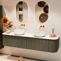 VELOR 190cm meubles de salle de bains courbe gauche + droite couleur Shadow avec 2 tiroirs et 2 portes. Vasque à poser COSS Double sans trou pour robinet couleur Talc.-2