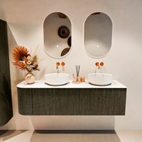 VELOR 155cm meubles de salle de bains courbe gauche couleur Shadow avec 2 tiroirs et 1 porte. Vasque à poser COSS Double / Droite sans trou pour robinet couleur Talc.-3