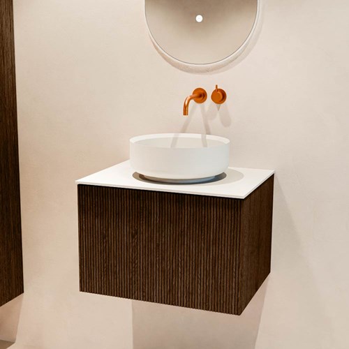 VELOR 60cm badmeubel kleur Walnut met 1 lade en 0 deuren. Waskom COSS Midden zonder kraangat kleur Talc.-2