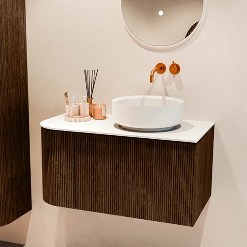 VELOR 85cm mueble de baño curva izquierda color Walnut con 1 cajón y 1 puerta. Lavabos sobre encimera COSS Derecho sin orificio color Talc.-2