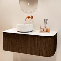 VELOR 105cm badmeubel ronding rechts kleur Walnut met 1 lade en 1 deur. Waskom COSS Links zonder kraangat kleur Talc.-2