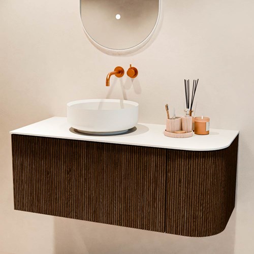 VELOR 105cm badmeubel ronding rechts kleur Walnut met 1 lade en 1 deur. Waskom COSS Links zonder kraangat kleur Talc.-2