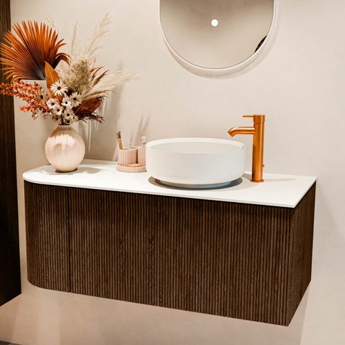VELOR 105cm badmeubel ronding links kleur Walnut met 1 lade en 1 deur. Waskom COSS Rechts 1 kraangat kleur Talc.-2