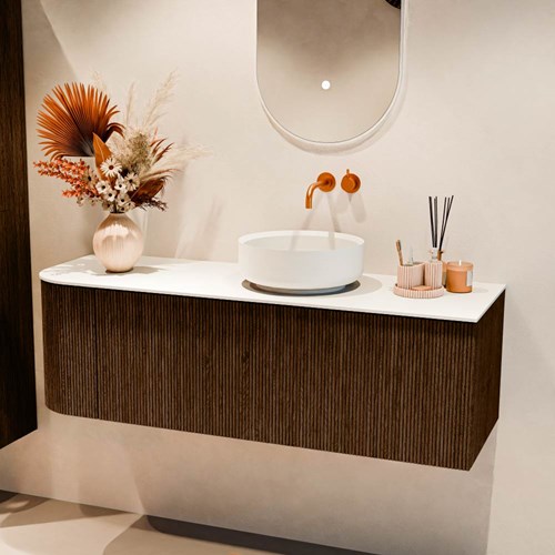 VELOR 135cm bathroom vanity set curve left color Walnut with 1 drawer and 1 door. Countertop basin COSS Right without tab hole color Talc.-2