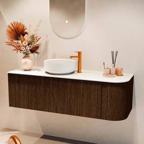 VELOR 135cm badmeubel ronding rechts kleur Walnut met 1 lade en 1 deur. Waskom COSS Links 1 kraangat kleur Talc.-2