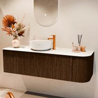 VELOR 145cm mueble de baño curva derecha color Walnut con 1 cajón y 1 puerta. Lavabos sobre encimera COSS Izquierda 1 orificio color Talc.-2