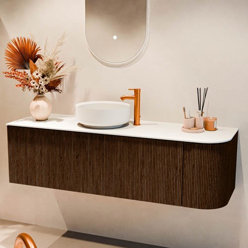 VELOR 145cm mueble de baño curva derecha color Walnut con 1 cajón y 1 puerta. Lavabos sobre encimera COSS Izquierda 1 orificio color Talc.-2