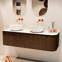 VELOR 145cm mueble de baño curva derecha color Walnut con 1 cajón y 1 puerta. Lavabos sobre encimera COSS Doble / Izquierda sin orificio color Talc.-2