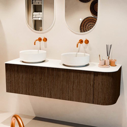 VELOR 145cm mueble de baño curva derecha color Walnut con 1 cajón y 1 puerta. Lavabos sobre encimera COSS Doble / Izquierda sin orificio color Talc.-2