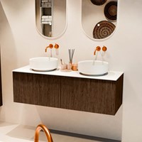 VELOR 130cm mueble de baño color Walnut con 2 cajones y sin puerta. Lavabos sobre encimera COSS Doble sin orificio color Talc.-2