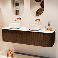 VELOR 155cm badmeubel ronding rechts kleur Walnut met 2 lades en 1 deur. Waskom COSS Dubbel / Links zonder kraangat kleur Talc.-2