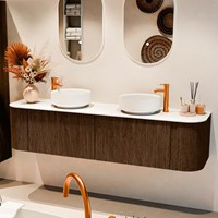 VELOR 180cm mueble de baño curva izquierda + derecha color Walnut con 2 cajones y 2 puertas. Lavabos sobre encimera COSS Doble 2 orificios color Talc.-2