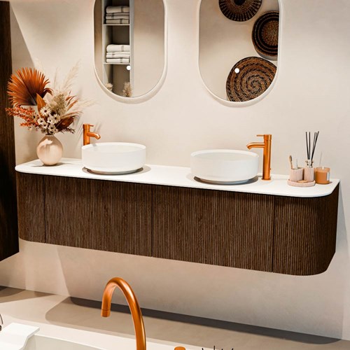 VELOR 180cm mueble de baño curva izquierda + derecha color Walnut con 2 cajones y 2 puertas. Lavabos sobre encimera COSS Doble 2 orificios color Talc.-2