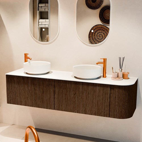 VELOR 165cm bathroom vanity set curve right color Walnut with 2 drawers and 1 door. Countertop basin COSS Double / Left 2 tab holes color Talc.-2