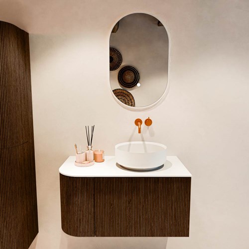 VELOR 85cm mueble de baño curva izquierda color Walnut con 1 cajón y 1 puerta. Lavabos sobre encimera COSS Derecho sin orificio color Talc.-3