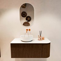 VELOR 105cm badmeubel ronding rechts kleur Walnut met 1 lade en 1 deur. Waskom COSS Links zonder kraangat kleur Talc.-3