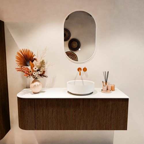 VELOR 135cm bathroom vanity set curve left color Walnut with 1 drawer and 1 door. Countertop basin COSS Right without tab hole color Talc.-3