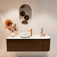 VELOR 135cm badmeubel ronding rechts kleur Walnut met 1 lade en 1 deur. Waskom COSS Links 1 kraangat kleur Talc.-3