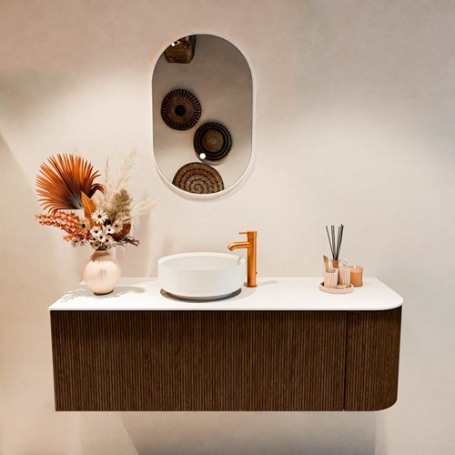 VELOR 135cm badmeubel ronding rechts kleur Walnut met 1 lade en 1 deur. Waskom COSS Links 1 kraangat kleur Talc.-3