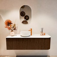 VELOR 145cm mueble de baño curva derecha color Walnut con 1 cajón y 1 puerta. Lavabos sobre encimera COSS Izquierda 1 orificio color Talc.-3