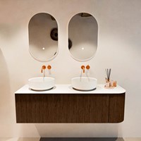 VELOR 145cm mueble de baño curva derecha color Walnut con 1 cajón y 1 puerta. Lavabos sobre encimera COSS Doble / Izquierda sin orificio color Talc.-3