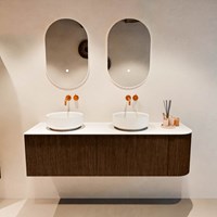 VELOR 155cm meubles de salle de bains courbe droite couleur Walnut avec 2 tiroirs et 1 porte. Vasque à poser COSS Double / Gauche sans trou pour robinet couleur Talc.-3