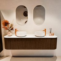 VELOR 180cm mueble de baño curva izquierda + derecha color Walnut con 2 cajones y 2 puertas. Lavabos sobre encimera COSS Doble 2 orificios color Talc.-3