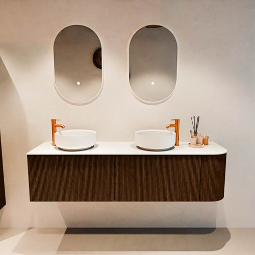 VELOR 165cm bathroom vanity set curve right color Walnut with 2 drawers and 1 door. Countertop basin COSS Double / Left 2 tab holes color Talc.-3