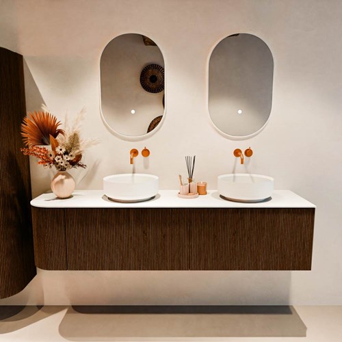 VELOR 175cm mueble de baño curva izquierda color Walnut con 2 cajones y 1 puerta. Lavabos sobre encimera COSS Doble / Derecho sin orificio color Talc.-3