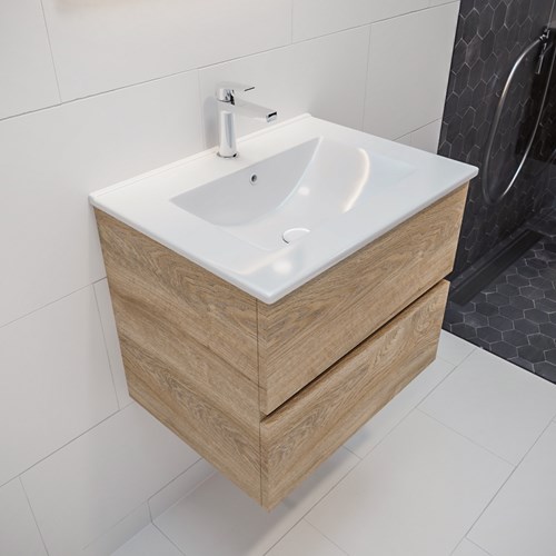 VICA 60cm meubles de salle de bains Washed Oak 2 tiroirs. Lavabo DENIA Centrée 1 trou pour robinetter.