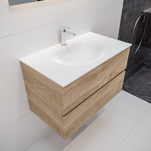 VICA 80 badmeubel washed oak 2 lades wastafel MOON midden 1 kraangat