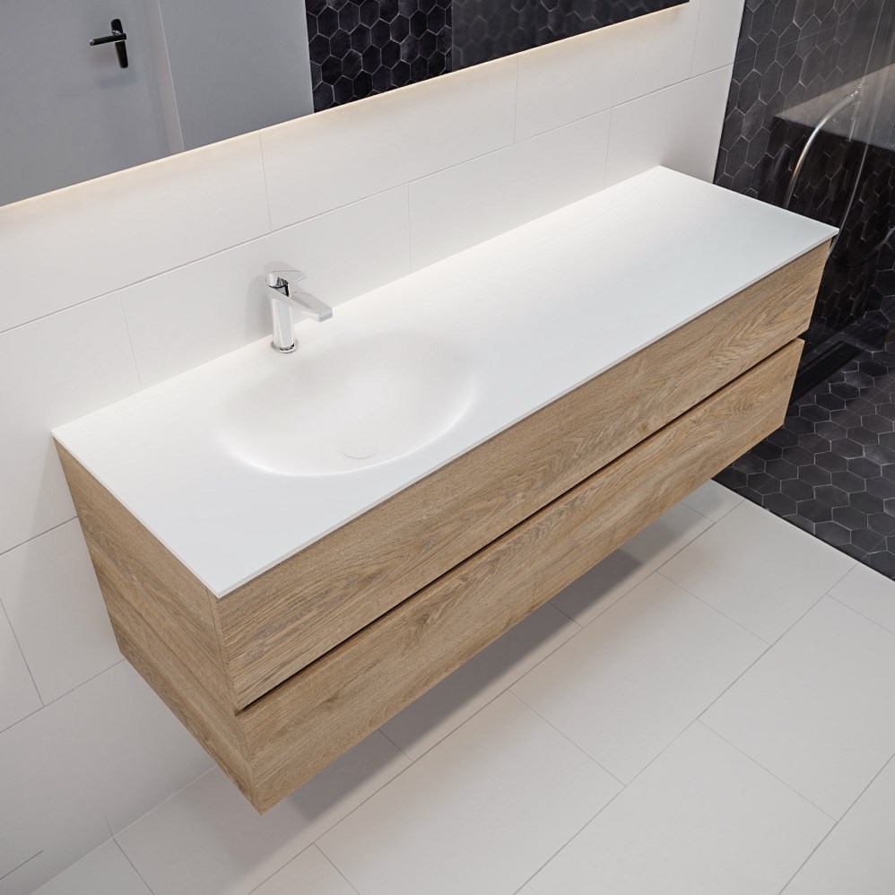Pakistaans uitgebreid Ophef VICA 150 badmeubel washed oak 2 lades wastafel MOON links 1 kraangat