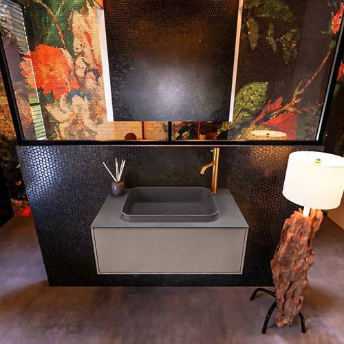 ERIN 80cm badmeubel onderkast kleur Smoke met 1 lade. Wastafel RIDGE midden 1 kraangat kleur Dark Grey.-3