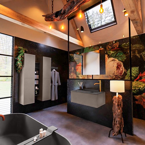 ERIN 80cm badmeubel onderkast kleur Smoke met 1 lade. Wastafel RIDGE midden 1 kraangat kleur Dark Grey.-2