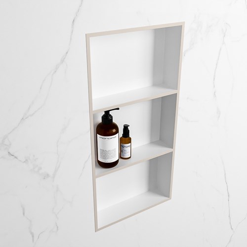 EASY Niche Murale 59,5x29,5cm solid surface couleur Linen / Talc. 3 compartiments adapté pour une installation encastrée ou en saillie.-2