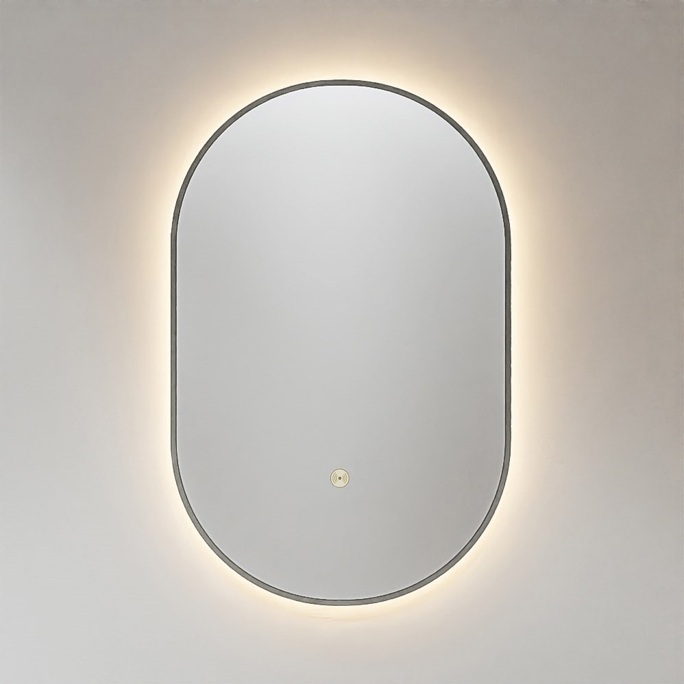 HOKO® Design LED anti-condens-spiegel ovaal 50 x 90 cm metalen frame zwart HOOG dwarse montage mogelijk. Badkamerspiegel verlicht 2 touch