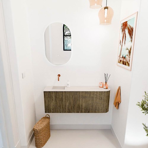 JOYA-DLUX 111,6cm cloakroom vanity set curve right color Dusk. Vanity top FAYE position Left without tab hole color Meli.-2