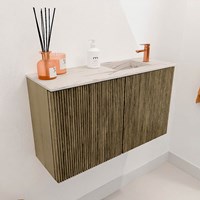 JOYA-DLUX 70cm mueble fondo reducido color Dusk. Lavabo FAYE posición Derecho 1 orificio color Nata.-3