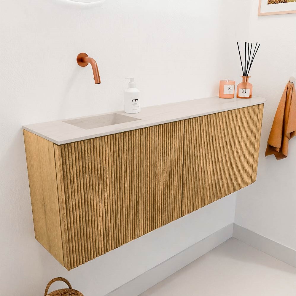 Commode Ronding Inkomhal JOYA-DLUX 111,6cm toiletmeubel ronding rechts kleur Oak. Wastafel FAYE ...