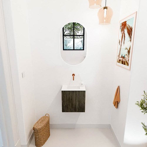 JOYA 40cm toiletmeubel kleur Shadow. Wastafel FAYE positie Midden Zonder kraangat kleur Talc.-2