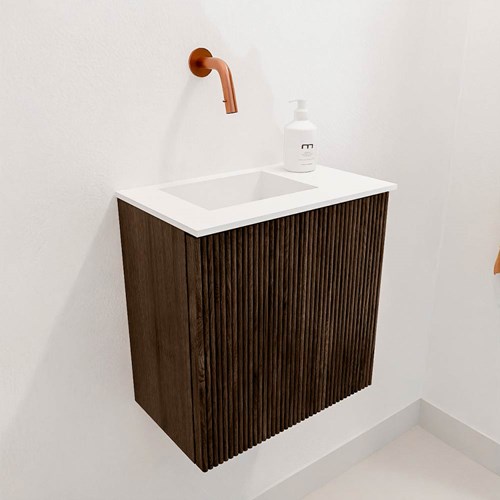 JOYA 40cm toiletmeubel kleur Walnut. Wastafel FAYE positie Links Zonder kraangat kleur Talc.-3