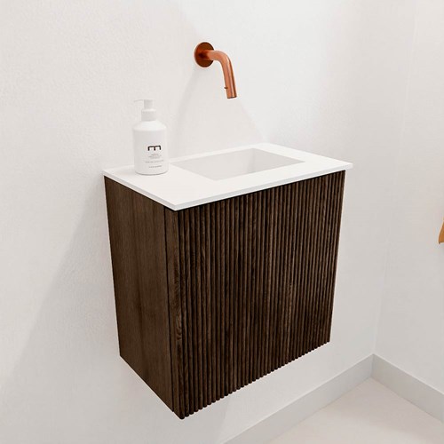 JOYA 40cm toiletmeubel kleur Walnut. Wastafel FAYE positie Rechts Zonder kraangat kleur Talc.-3