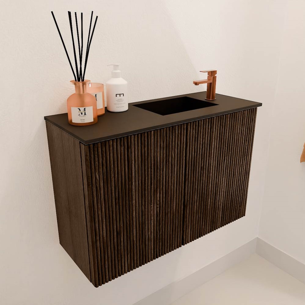 JOYA 60cm toiletmeubel kleur Walnut. Wastafel FAYE positie Rechts 1 kraangat kleur Urban.