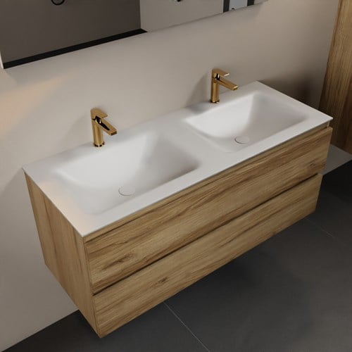 AIVY 120cm badmeubel Chai, wastafel Talc solid surface dubbel 2 kraangaten