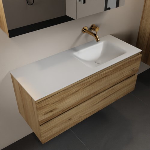 AIVY 120cm badmeubel Chai, wastafel Talc solid surface rechts zonder kraangat met Spiegelkast
