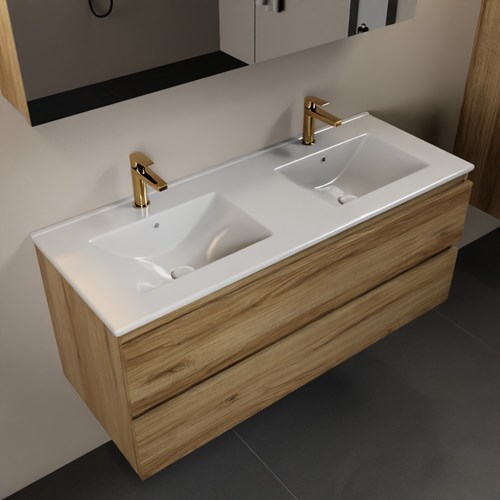 AIVY 120cm badmeubel Chai, wastafel glanzend wit keramiek dubbel 2 kraangaten met Spiegelkast